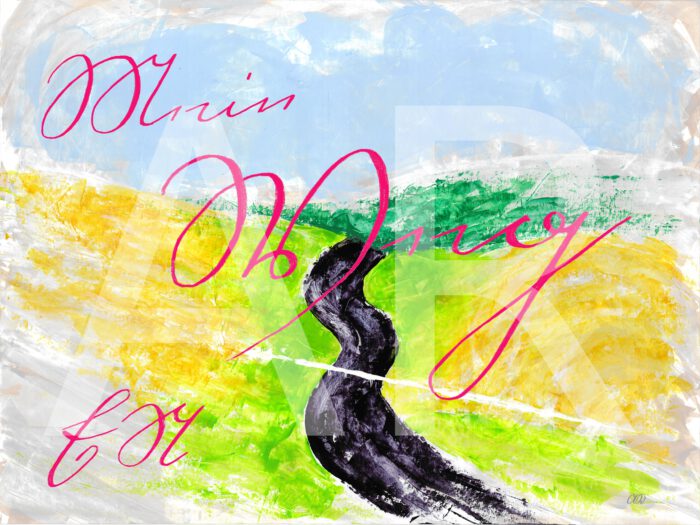 Beispiel personalisierter Print "Werrablick" mit dem Schriftzug "Mein Weg" in Kurrentschrift in der oberen Hälfte des Bildes. "Mein" steht oben links, "Weg" deutlich größer darunter in der Mitte des Bildes. Im unteren linken Teil sind die Initialen "EN" in Kurrentschrift abgebildet. Schriftfarbe ist Pink. Kein Freitext in der Schriftart "Courier New".