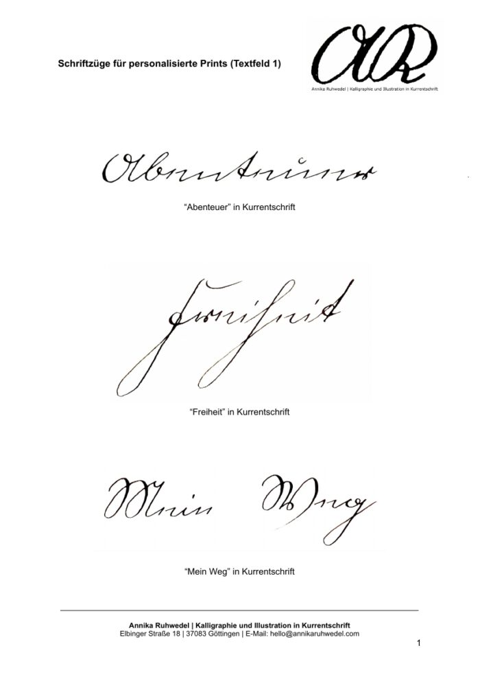 Auflistung der aktuell zur Verfügung stehenden Schriftzüge für personalisierbare Prints in Kurrentschrift, erste Seite.