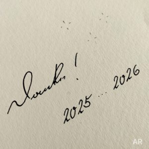 "Danke!" in Kurrentschrift. Darunter "2025 ... 2026". Beide Schriftzüge laufen von links unten nach rechts oben. Rechts oben im Bild sind drei angedeutete Sterne zu sehen.