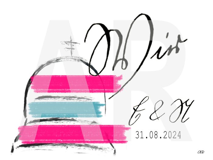 Beispiel personalisierter Print "Jérôme-Pavillon" mit dem Schriftzug "Wir" und den Initialen "E & N" in Kurrentschrift. Als Freitext ein Datum in der Schriftart "Courier New".