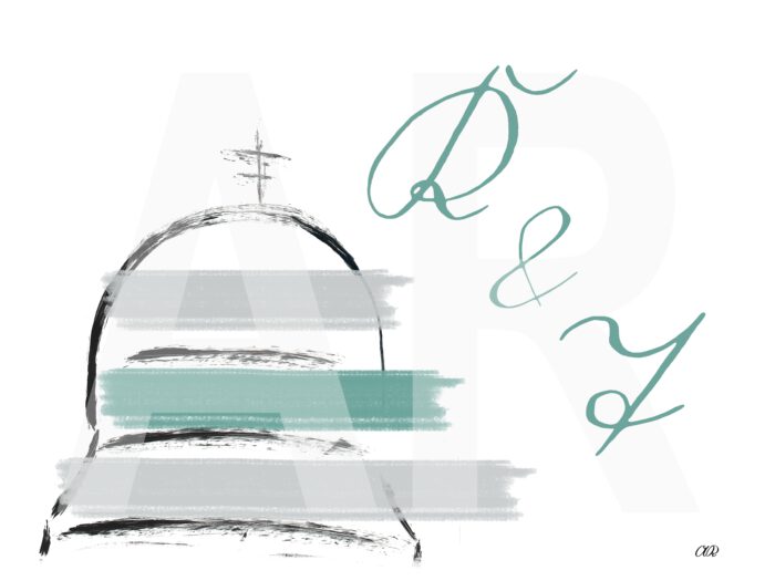 Beispiel personalisierter Print "Jérôme-Pavillon" mit den Initialen "K & T" in Kurrentschrift und Farbakzenten in Grau und Grün. Keine Überschrift, Freitext.